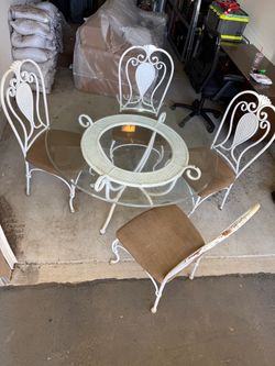 Vintage White Wrought Iron Glass Top Dining Set – Table & 4 Chairs