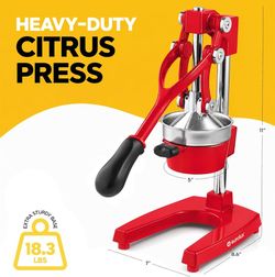 Eurolux Professional Cast Iron Citrus Juicer, Manual Hand Press, Heavy Duty, Stainless Steel Cup,