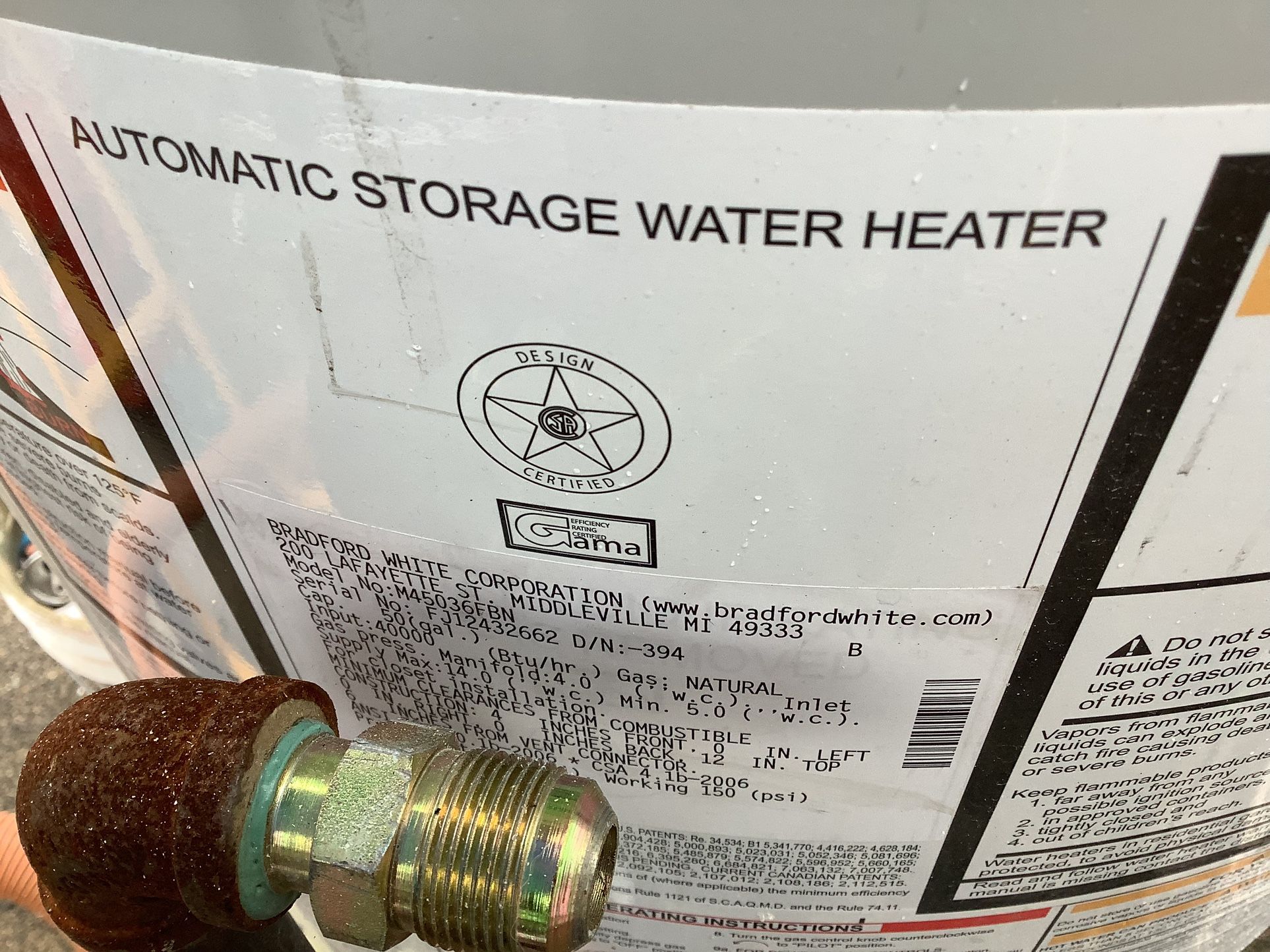 50 Gallon Gas Water Heater (used) Bradford White Model no M45036FBN