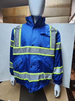 New Blue Safety Rain Jacket With Hoodie And Sherpa Insulation