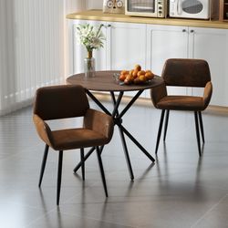 Homy Casa Fontana 3PC Dining Set 31.5” Brown Round Table with 2 Mayfair Upholstered Chairs, Vintage Brown