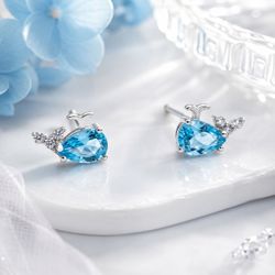 925 Sterling Silver Minimalist Cute Blue Whale Dolphin Animal Earrings Stud