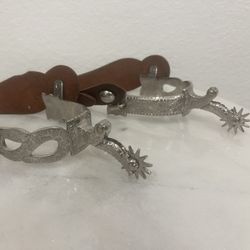 Western Engraved Cowboy Spurs – Silver-Tone (Not Sterling) – Brown Leather Straps