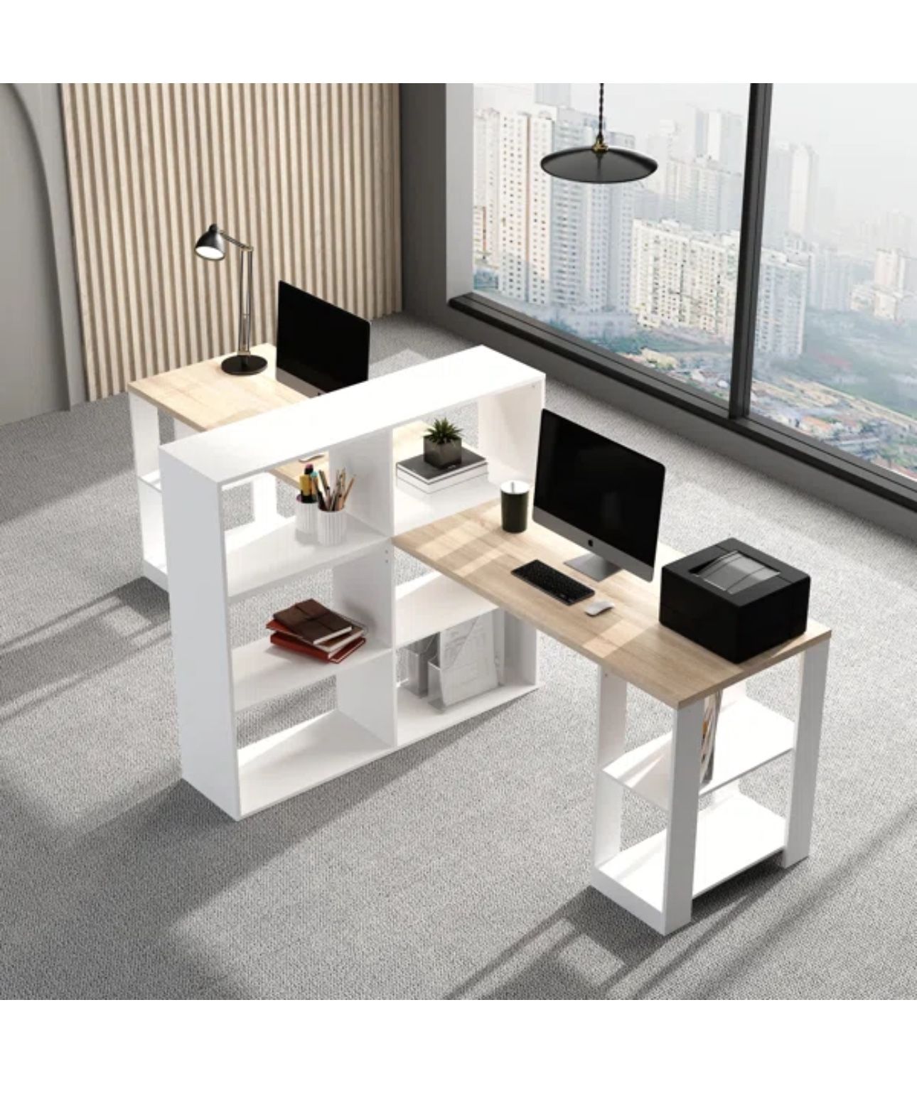 Two-Person Desk with Center Bookshelf