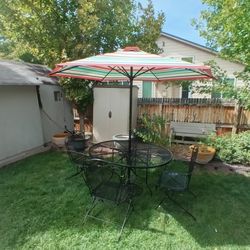 Outdoor Patio Furniture Metal Set 4 Rocking Chairs Umbrella Table 54" x 42" x 29" tall