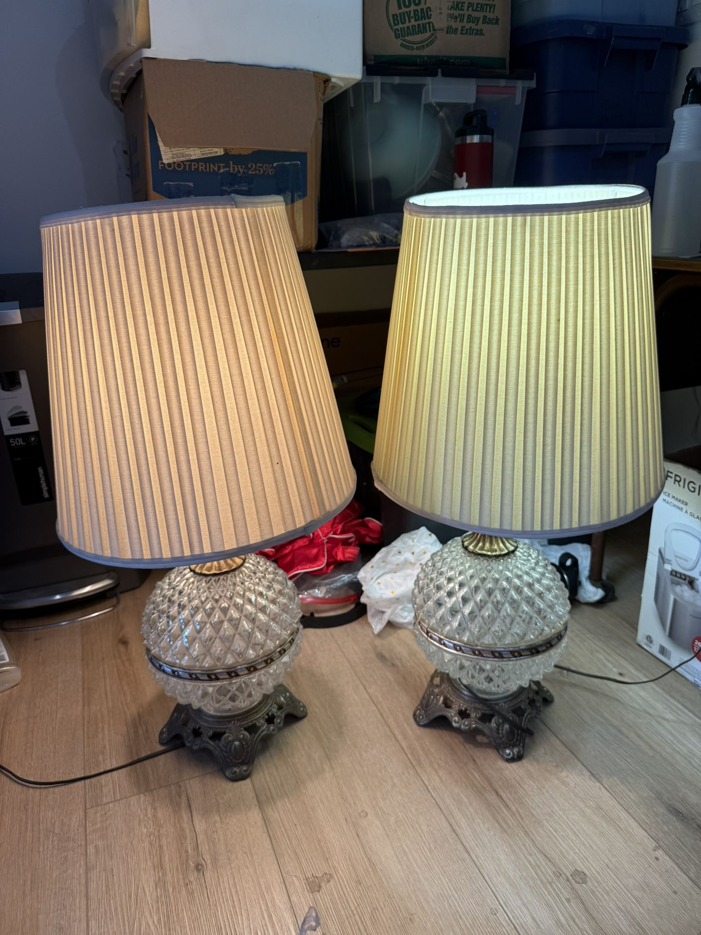 Vintage Hollywood Regency Diamond-Point Cut Glass & Brass Table Lamps