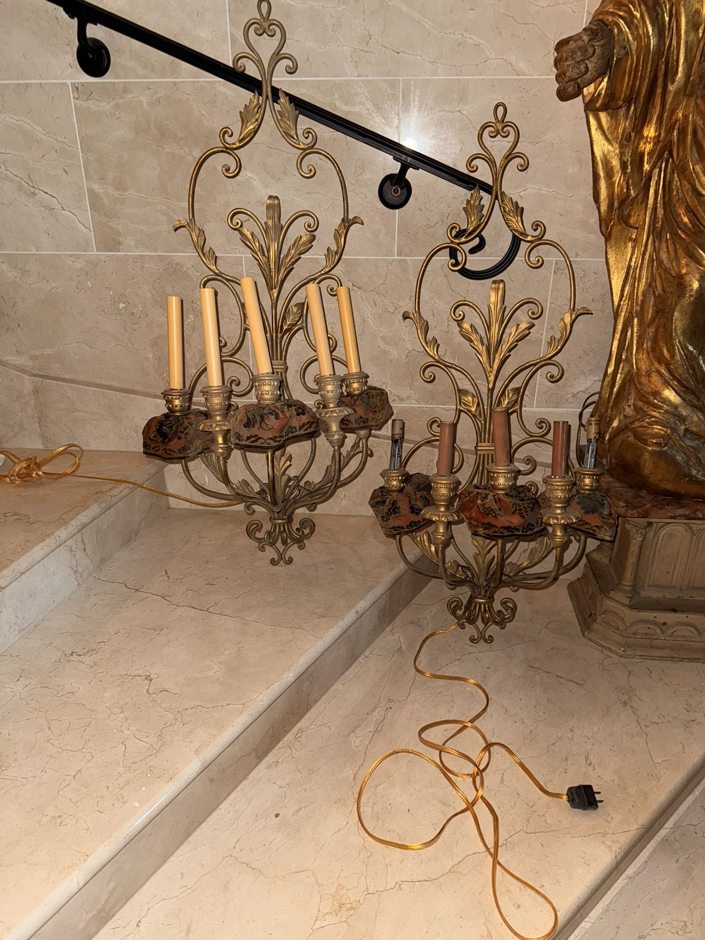 Vintage pair of tall Sconces with chiseled Velvet fabric.