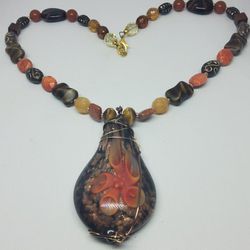  handmade glass pendant with orange flower on fully beaded necklace with glass beads and stones 