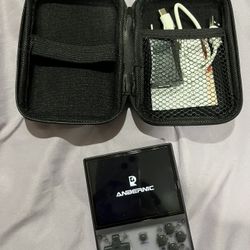 Transparent purple Anbernic RG35XX+ retro handheld - comes with charger/case/64gb 