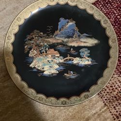Vintage Black Lacquered Zohiko Hand Painted Plate, Village Scene