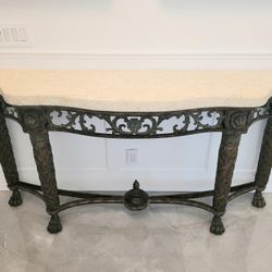 High End Designer Maitland Smith Console Table Iron Stone Top Lion Heads