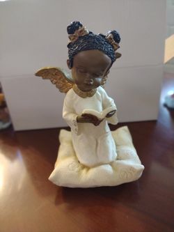 Antique Collectible Adorable Angel With Pigtails All In White With Gold Wings, Reading The Bible