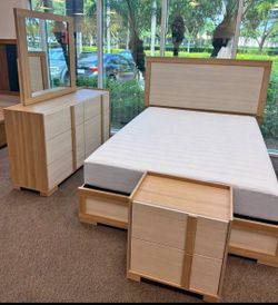 Bedroom Set all wood 4 pcs led Bed dresser mirror Nightstand