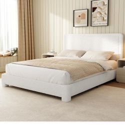 WEUP Queen Size Boucle Bed Frame with Headboard, Soft Rounded Corners, No Box Spring Required, Adjustable Headboard, Easy Assembly