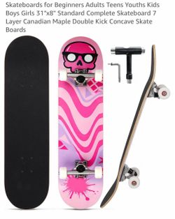 Complete 31x8 Inch Skateboard Pink Skull Design