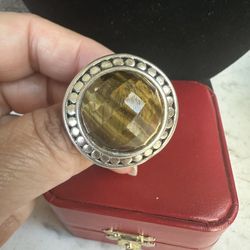 925 Sterling Silver Genuine Large Domed Tigers Eye Statement Ring Size 7 , Bali Style . Gorgeous Ring ! Hallmarked In Photos 