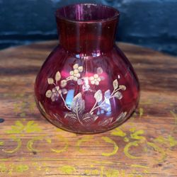 Cranberry Bohemian Etched Glass Vase