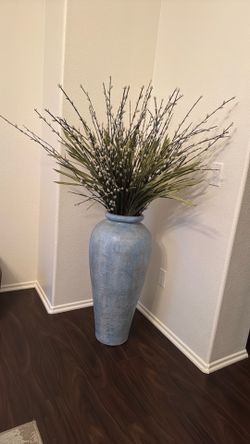 Large Ceramic Floor Vase & Faux Floral Arrangement – 58” Tall – Like New