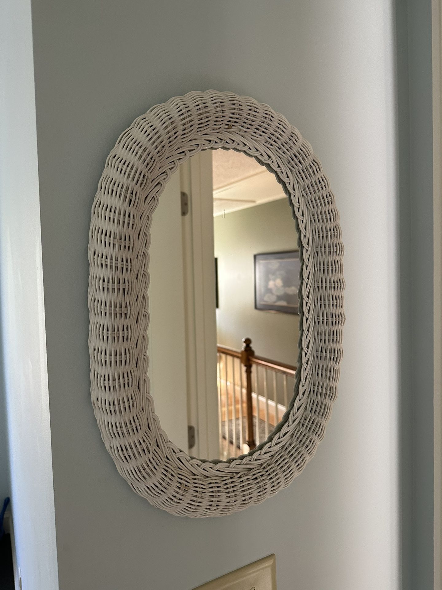 Vintage White Wicker Mirror Oval