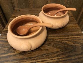 Unique set of 2 small pottery bowls with pottery serving spoons