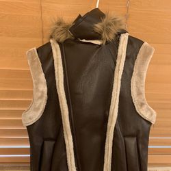 New York Style Brown Leather Best With Fur On Hood And Outer Sleeves