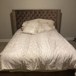 Brown Velvet Upholstered Bed — Queen