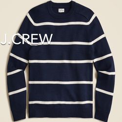 (NEW) (1 AVAILABLE) MEN’S J.CREW HERITAGE NAVY WHITE STRIPED COTTON CREWNECK SWEATER - SIZE: LARGE 