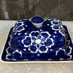 Blue Floral Ceramic Butter Dish