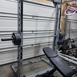 Home Gym  / Heavy Duty Squat Rack, Weight Bench, Olympic Weights, Free EZ curl bar
