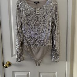 ✨ Express Silver Sequin Bodysuit – Size S (New)