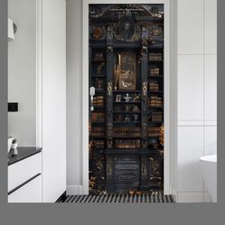 REDAMANCY Black Yellow Vintage Book Shelf Antique Peel And Stick Door Stickers Vinyl Mural Decals Decor Modern Wallpaper Self-Adhesive, Waterproof, 