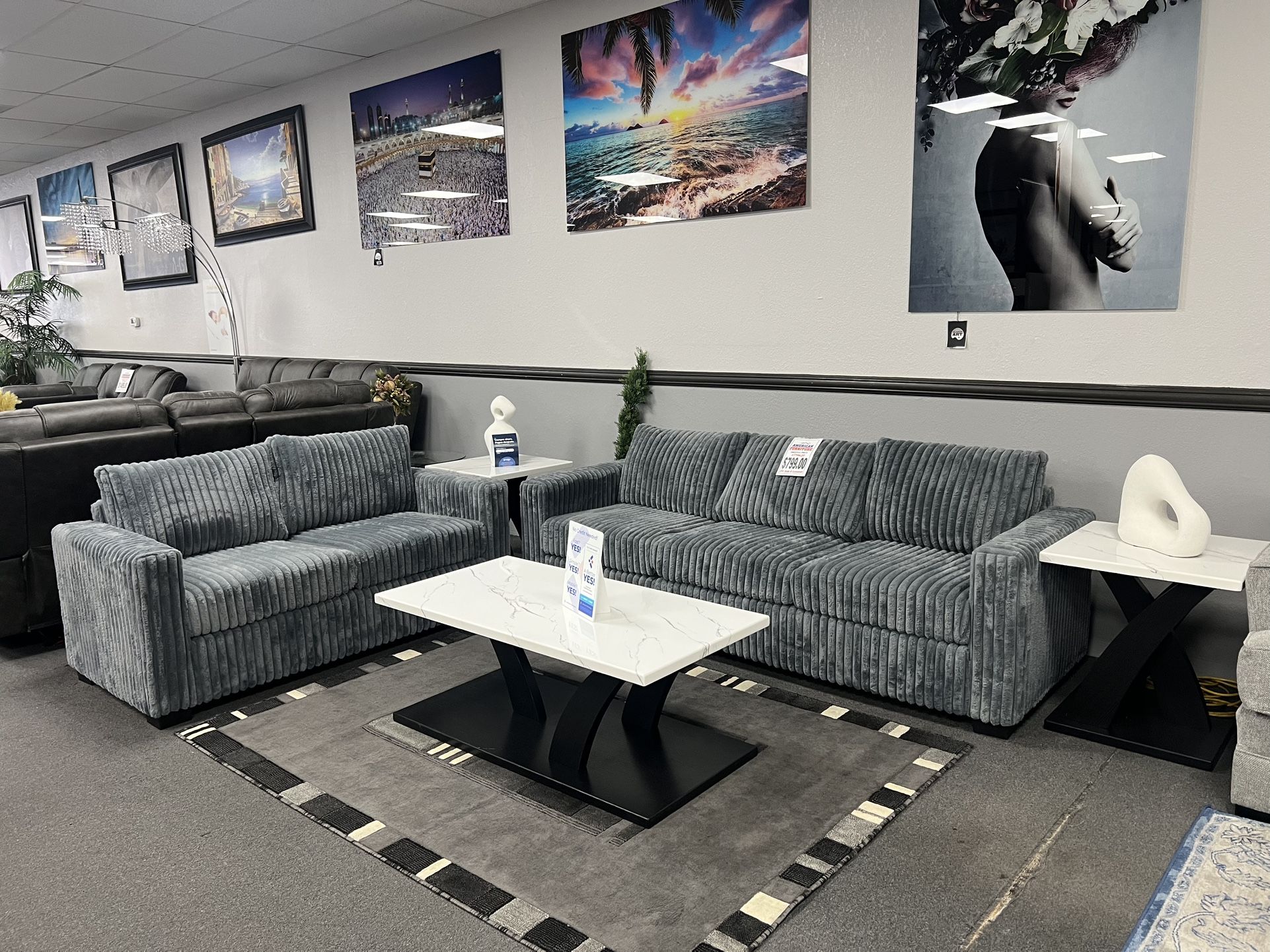 2PC Gray Sofa & Loveseat