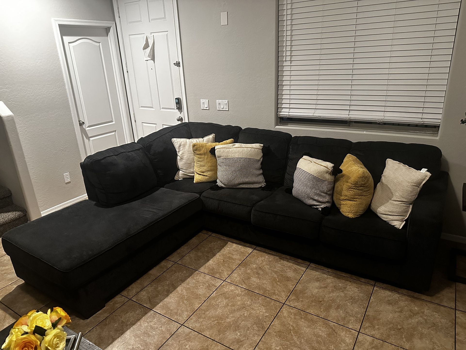 Navy Blue Sectional + 2 Matching Tables – $700 (No decor included)