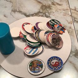 90 s retro pog game , 200 pogs , 2 slammers board game and case holder (varies from pics)