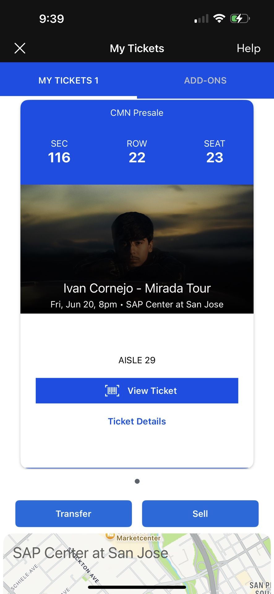 Ivan Cornejo Single Ticket For San Jose