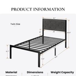 Twin Size Metal Platform Bed Frame,Fabric Upholstered Button Tufted Headboard, Mattress Foundation with 17 Strong Slats Support,