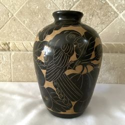 Vase Hand Carved Terracotta Art Bird Nicaragua Signed Urn Parrot