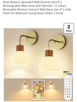 Glass Battery Operated Wall Sconces Set of 2, Rechargeable Wall Lamp with Remote, 12 Colors Dimmable Wireless Sconces Wall Decor Set of 2 with Timer f