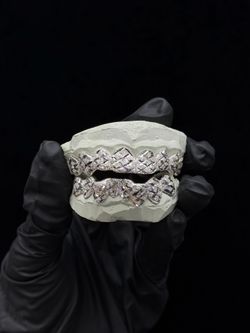 6 on 6 Real Silver Grillz on a Deal Diamond Cut with Diamond Dust