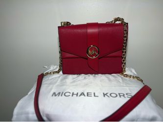 Michael Kors Red Small Crossbody Bag Gold Chain Strap MK Logo Dust Bag