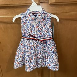 Tommy Hilfiger Baby Toddler Girls Sleeveless Flower Blue And Red Belt Dress 18 M