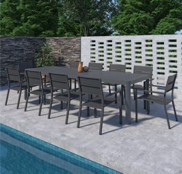 Brand New 11 Piece Extendable Rectangular Grey Stackable Dining Set | Die-Cast Aluminum | Outdoor & Patio Furniture | Delivery Available