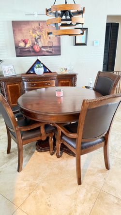 Wood dining table, 5 chairs and bench