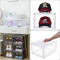 Solid Plastic Hat Organizer for Baseball Caps, 8 Pack Stackable Hat Storage Box with Clear Magnetic Door, Hat Rack(XL-Clear)