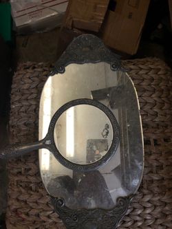 Antique hand mirror and trey tray