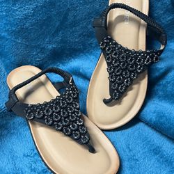 ulogu Women's Flat Sandals Dressy Summer Beach Shoes Casual Comfortable Boho Rhinestone Thong Flip-Flop w Elastic Strap SIZE 38