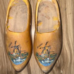 Vintage Holland Wooden Clogs Shoes Hand Painted Windmill Decor