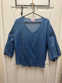 Denim Blue Bell Sleeve Top with Pom Pom Trim