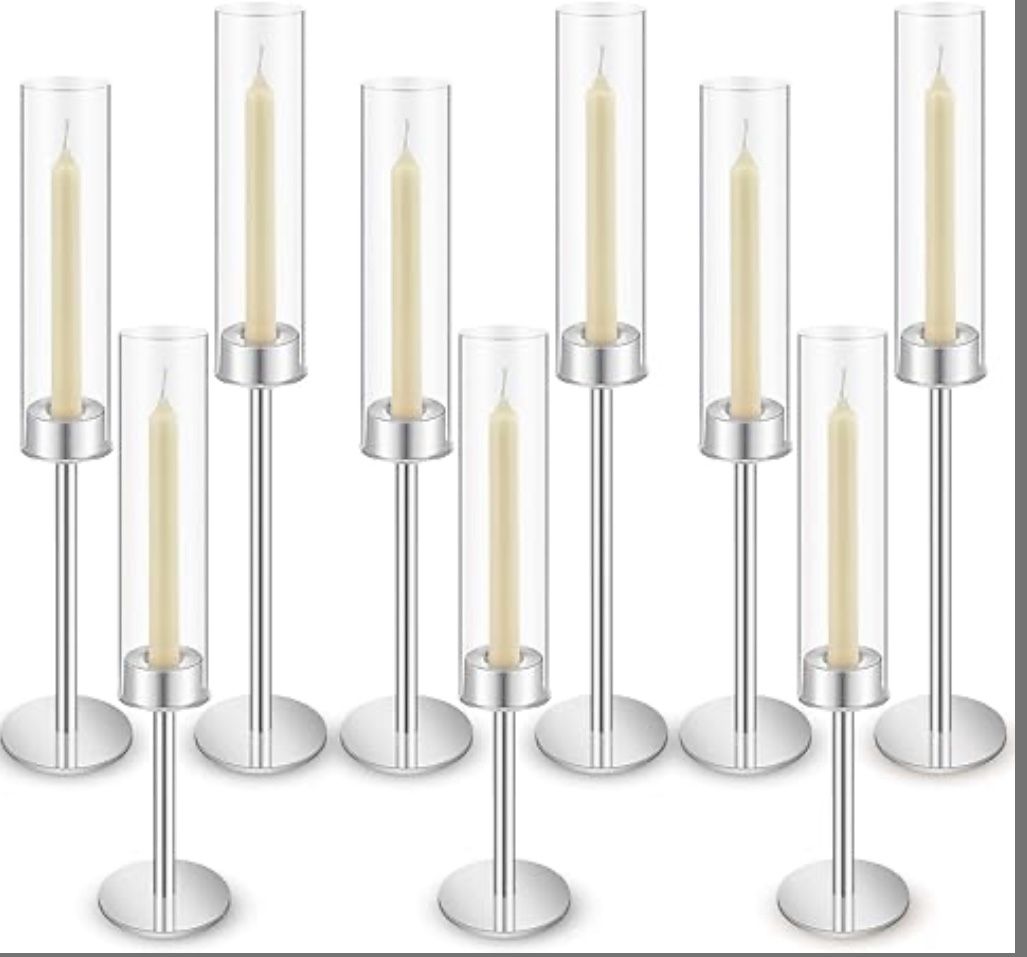 9 Pcs Silver Candlestick Holders Clear Glass Hurricane Candle Holder Bulk Vintage Candelabra Taper Tall Glass Hurricane Candle Cover For Christmas Wed