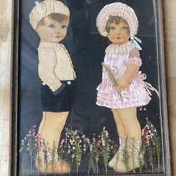 Vintage ribbon dolls boy and girl wall art